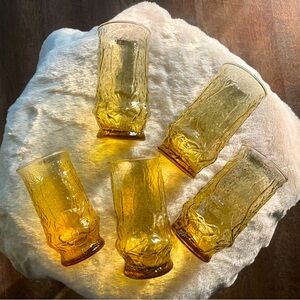 Set of 5 Vintage Amber Anchor Hocking Rain Flower Drinking Glasses